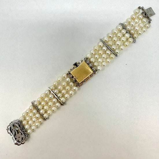 Amnon 17 Jewel Watch with 4 Strand Pearl Strap and Diamonds