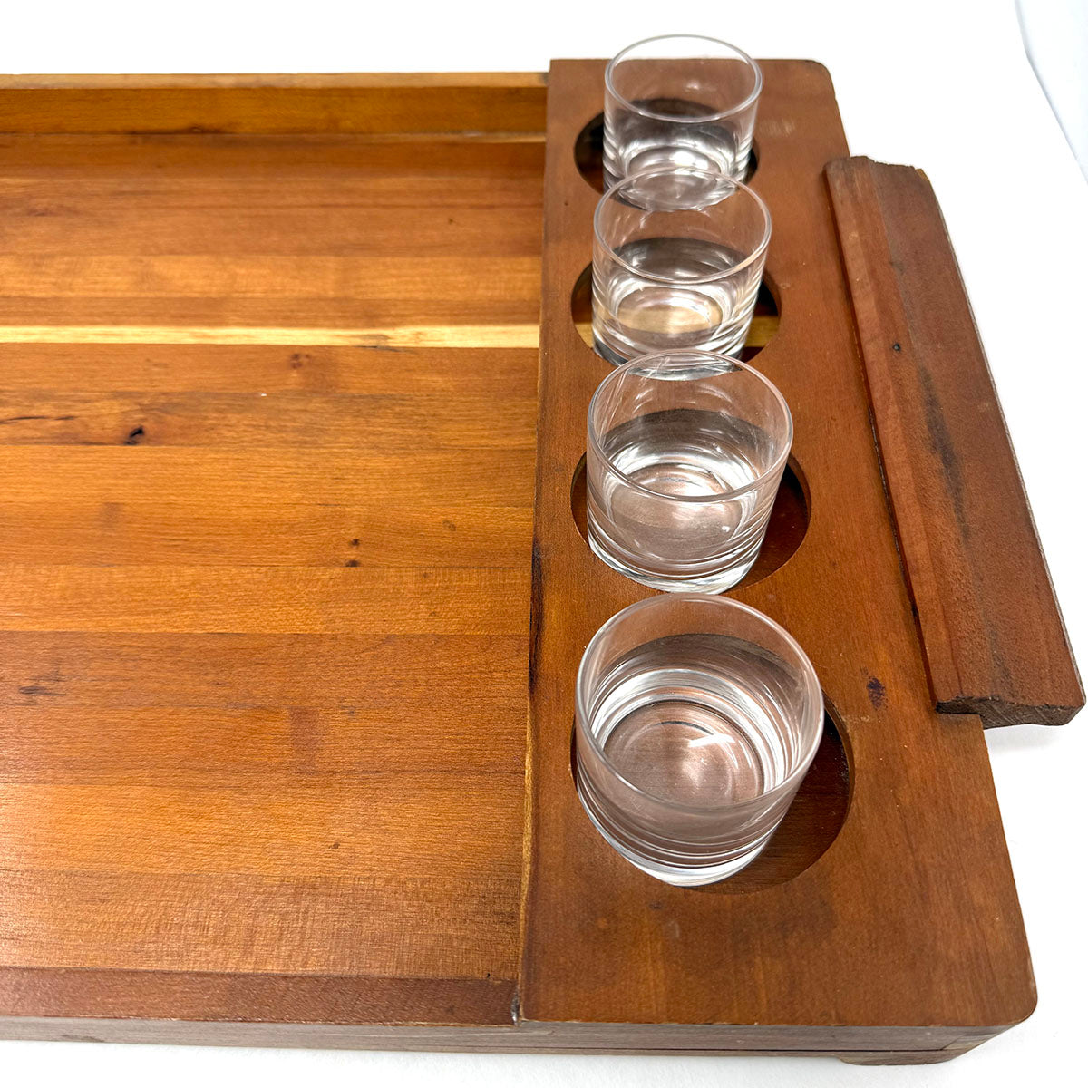 Vintage MCM Teak Tray with 8 Tasting Glasses