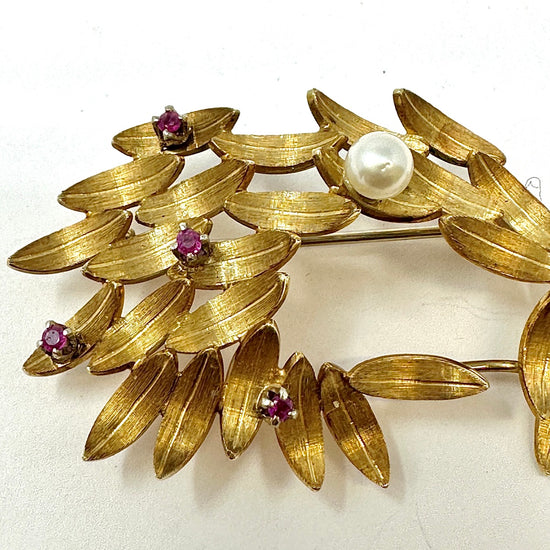 14K Gold Vintage Pin with Pearl and Rubies