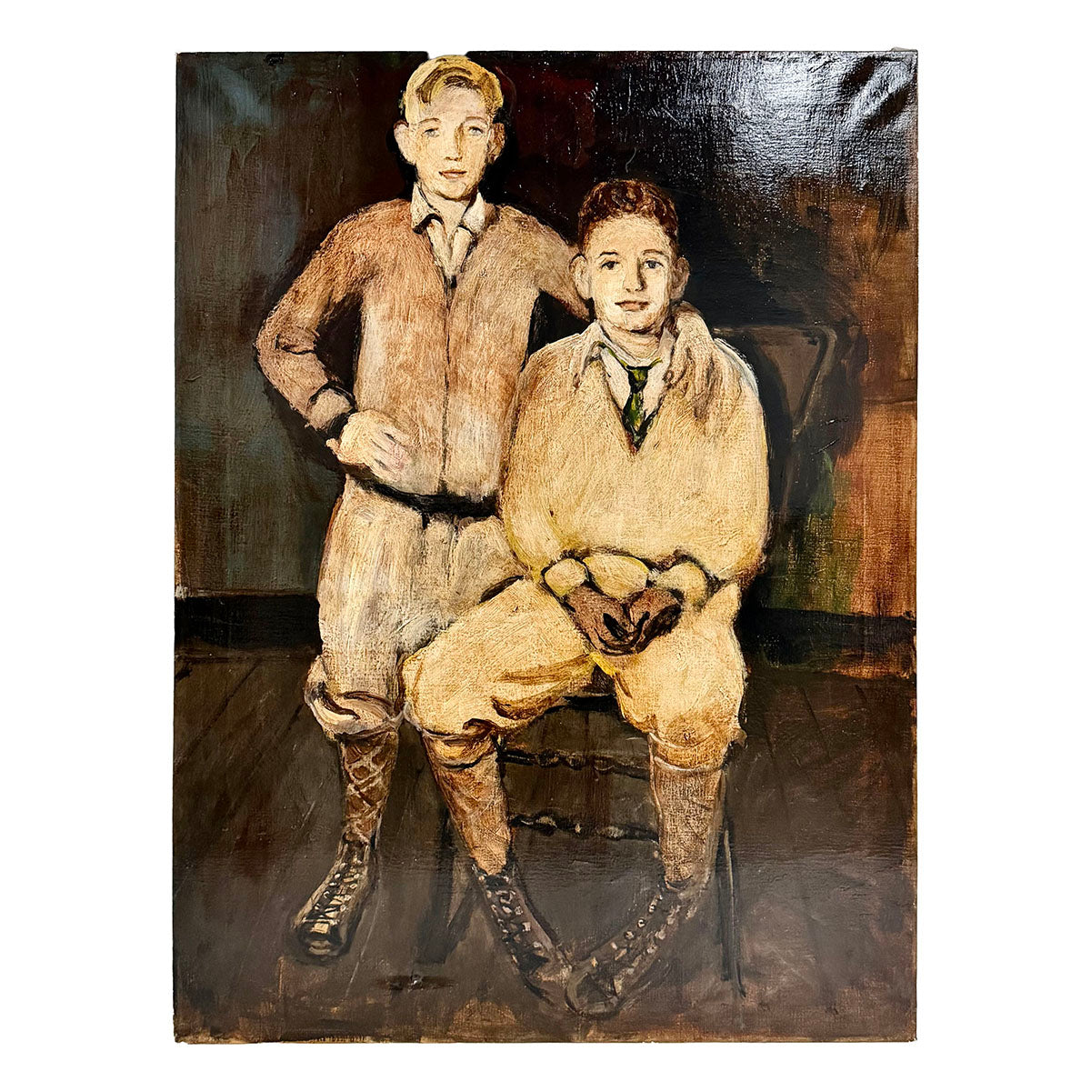 Portrait of 2 Young boys, Oil on Linen unframed, attributed to Leon Karp
