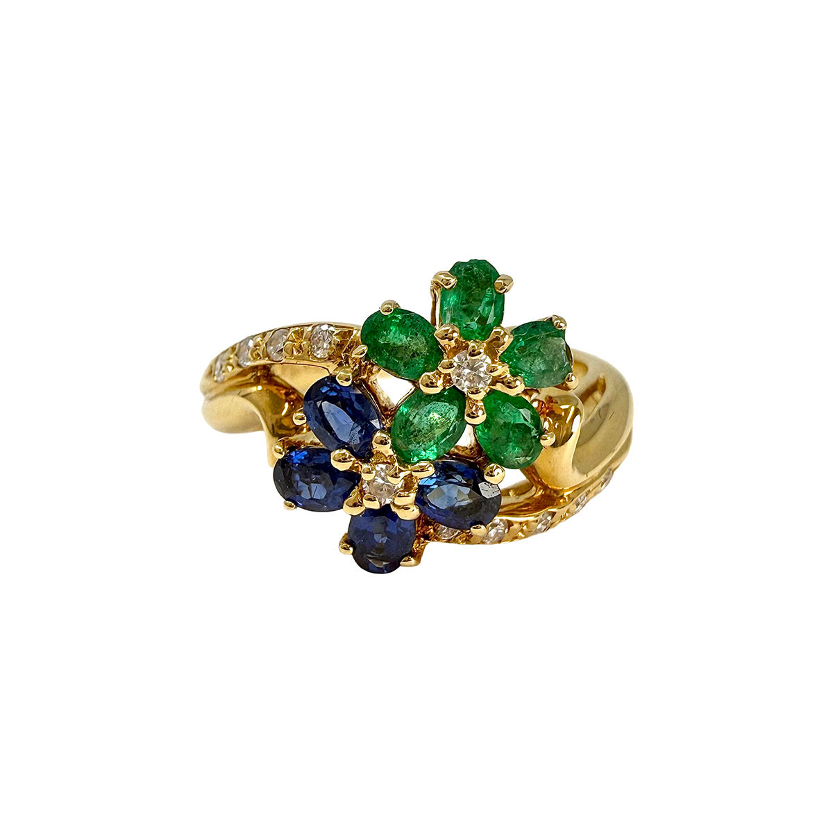 18K Gold with Emerald and Sapphire Flowers with Diamonds