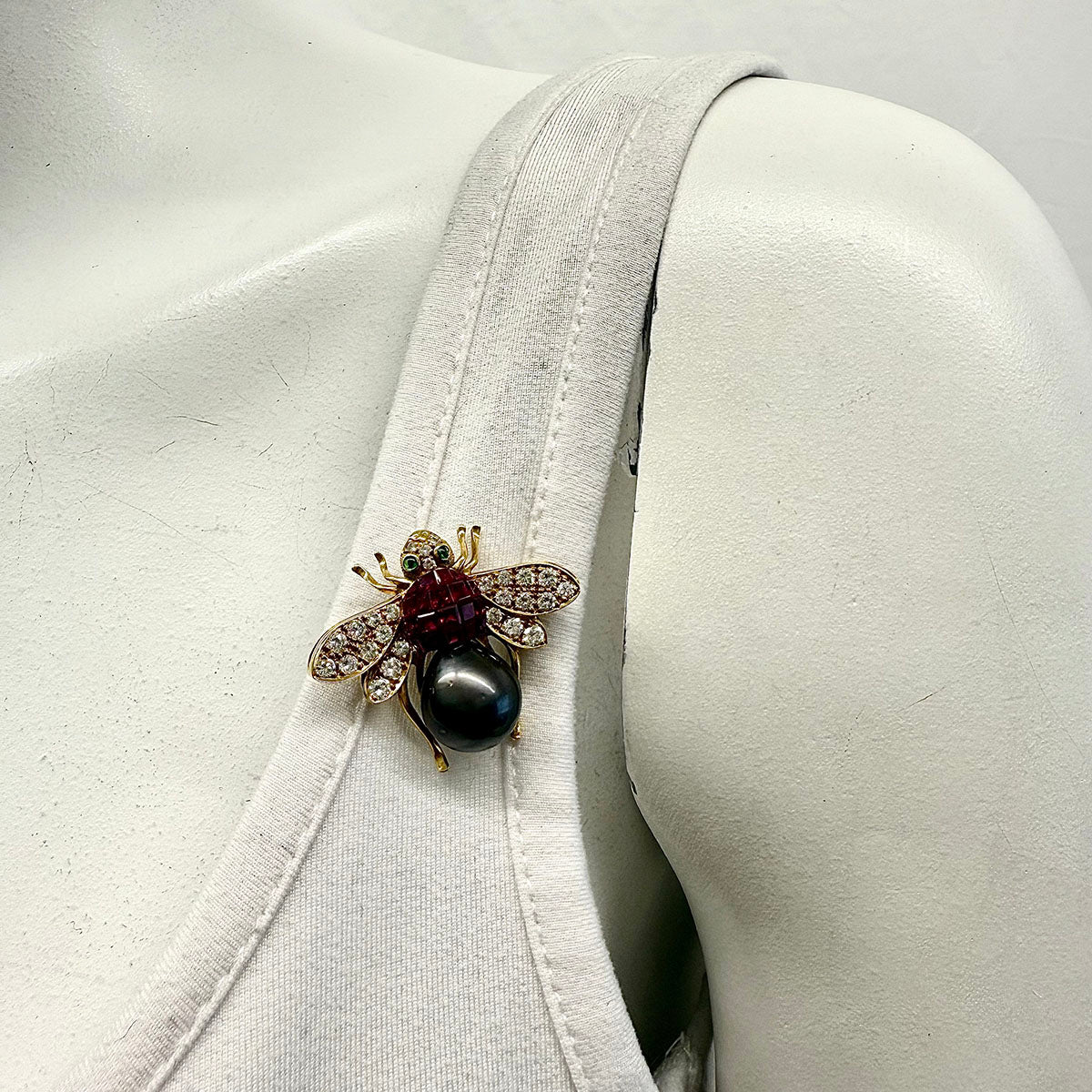 18K Gold Bee Pin with Tahitian Peal, Diamond, Ruby and Tsavorites