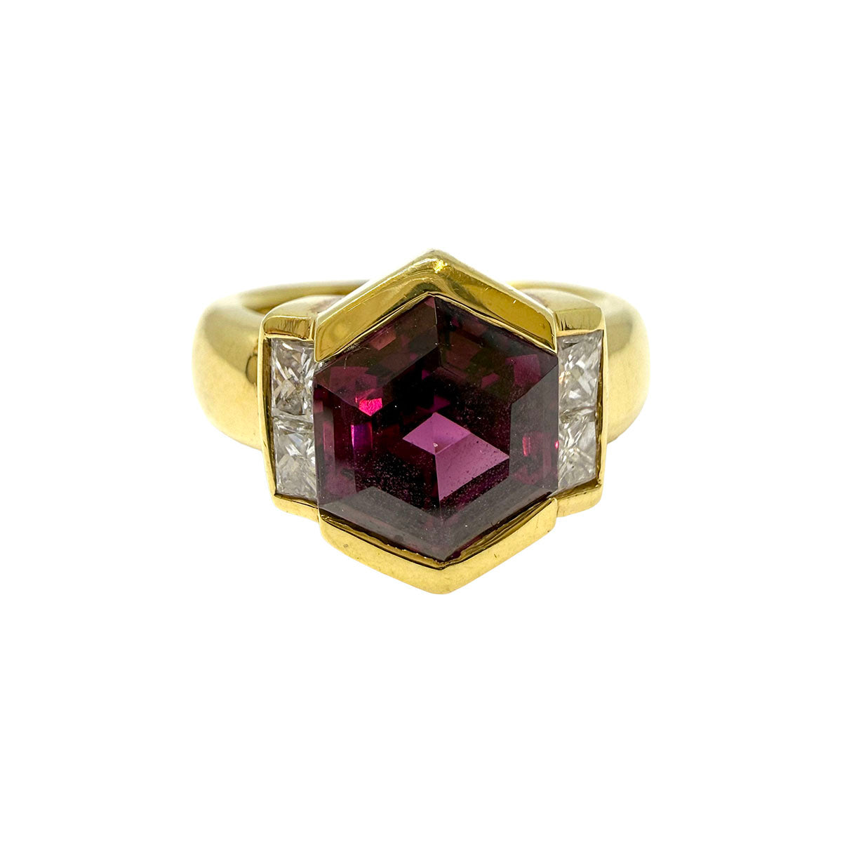 Susan Berman 18K Gold Hexagonal Shaped Ring with Rhodolite and Diamond