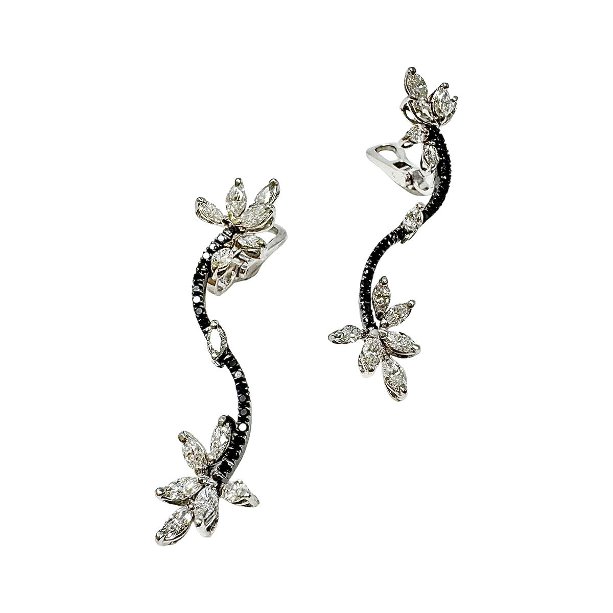 18K White Gold Curvy Black and Clear Diamond Clip-on Earrings