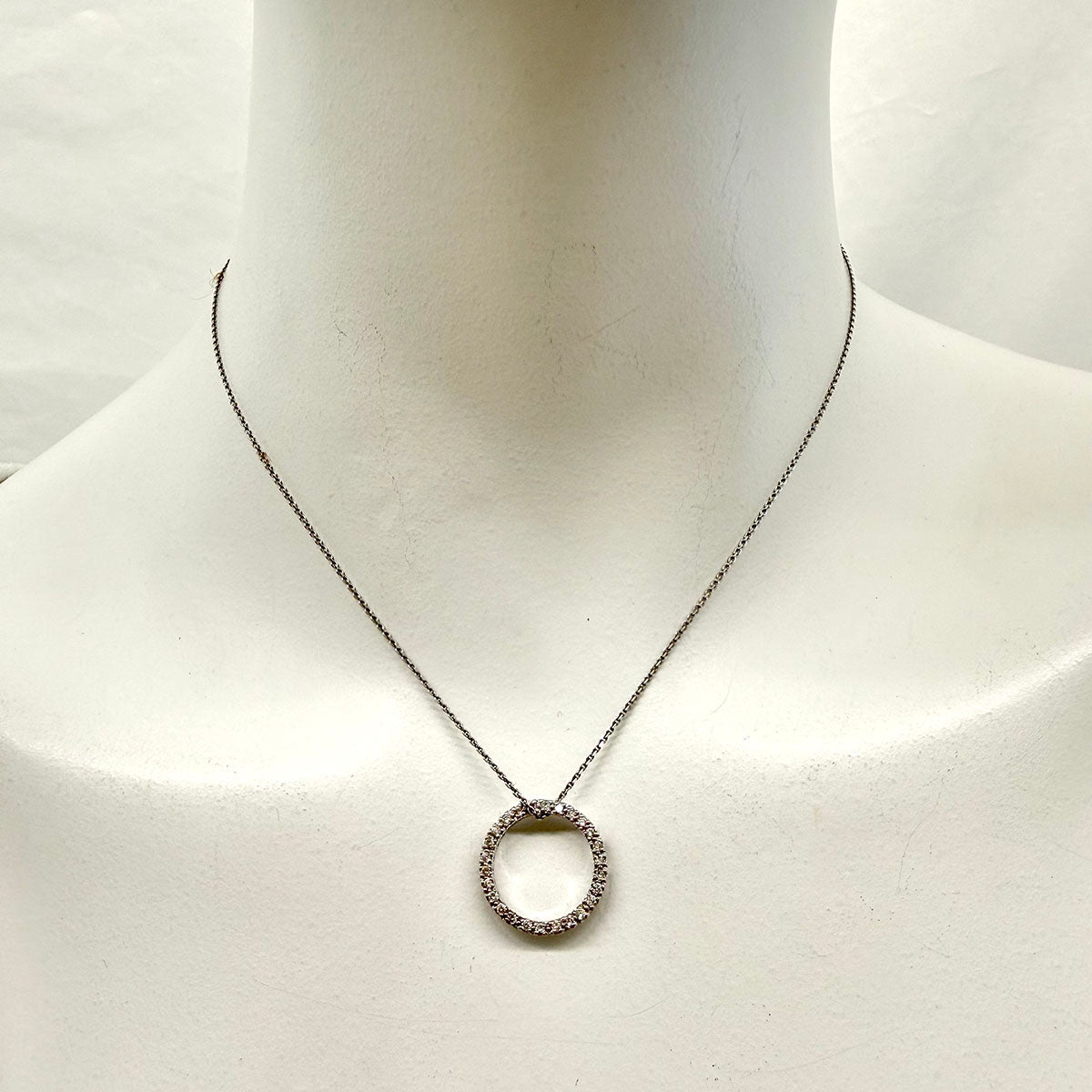 14K White Gold Necklace with Diamond Embellished Circle Pendant
