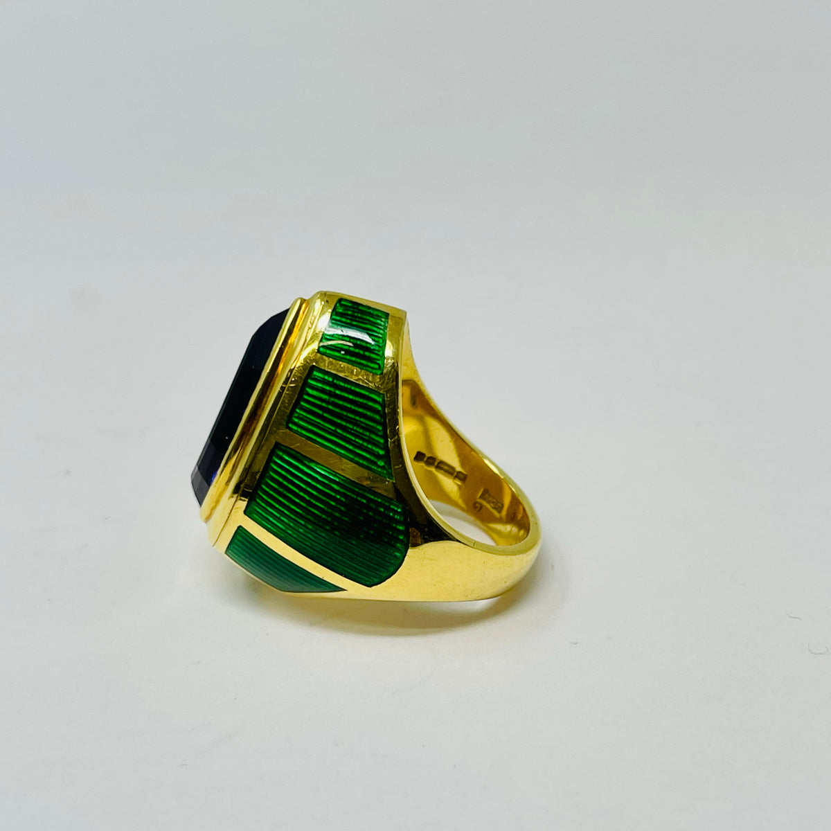 De Vroomen 18K Gold and Green Enameled Ring with Amethyst