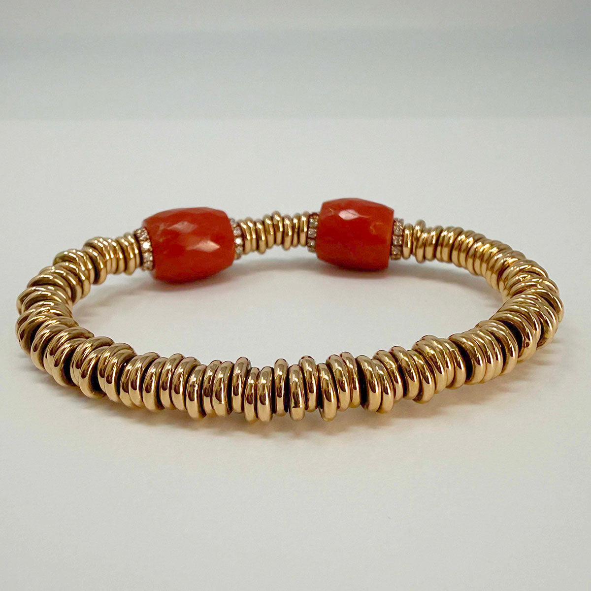 18K Rose Gold Diamond Stretch Bracelet with 4 Diamond Rondels and 2 Corals