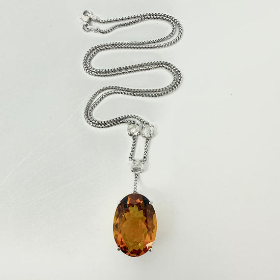 14K White Gold Necklace with Citrine and 3 Raw Diamonds