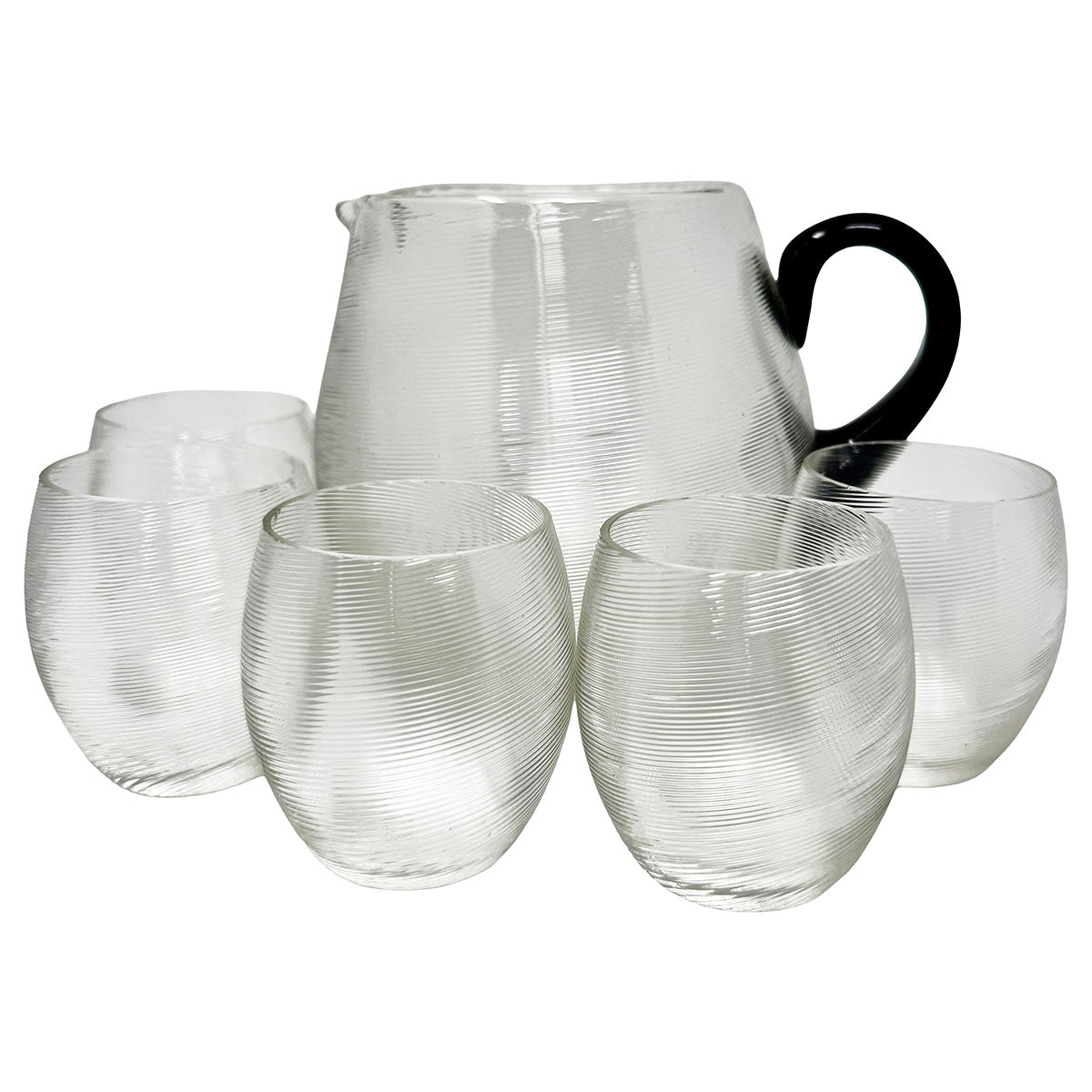 Hand Blown Threaded Glass Pitcher with 5 Small Glasses