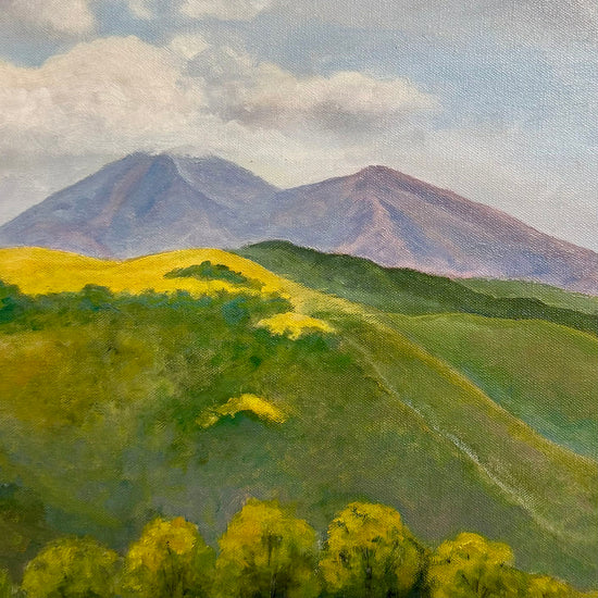 "Landscape Featuring a Meadow with Mountains in the Background" Signed