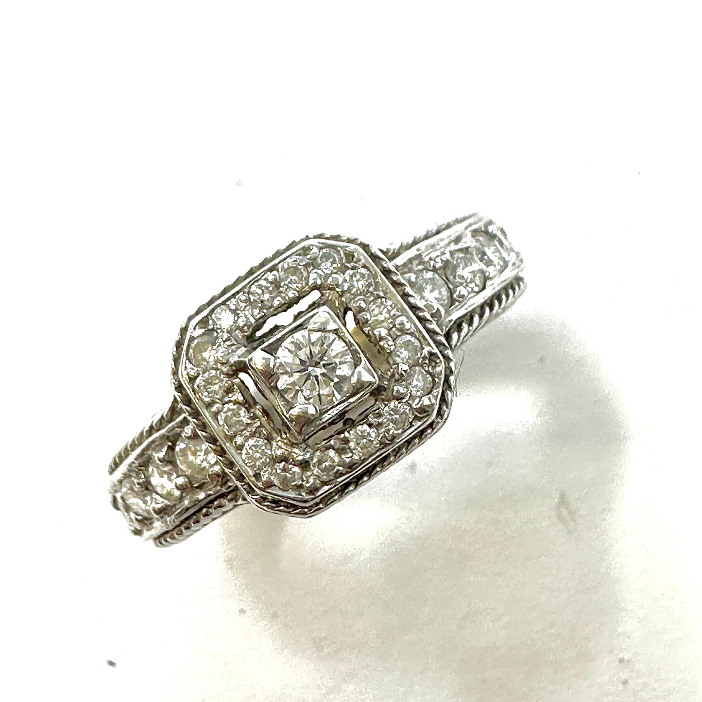 18K White  Cast Halo Style Ring with Diamonds