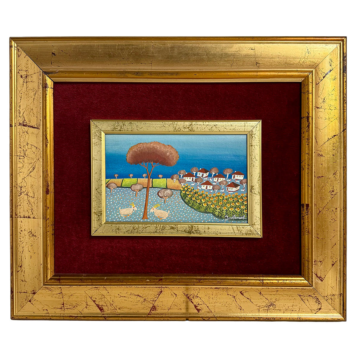 "Folk Art Scene with Goats and a Village" Signed