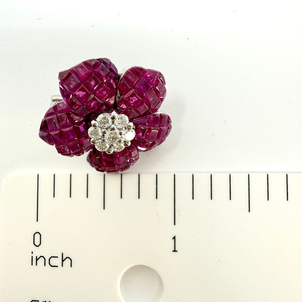 18K White Gold  Floral Earrings with Ruby and Diamond