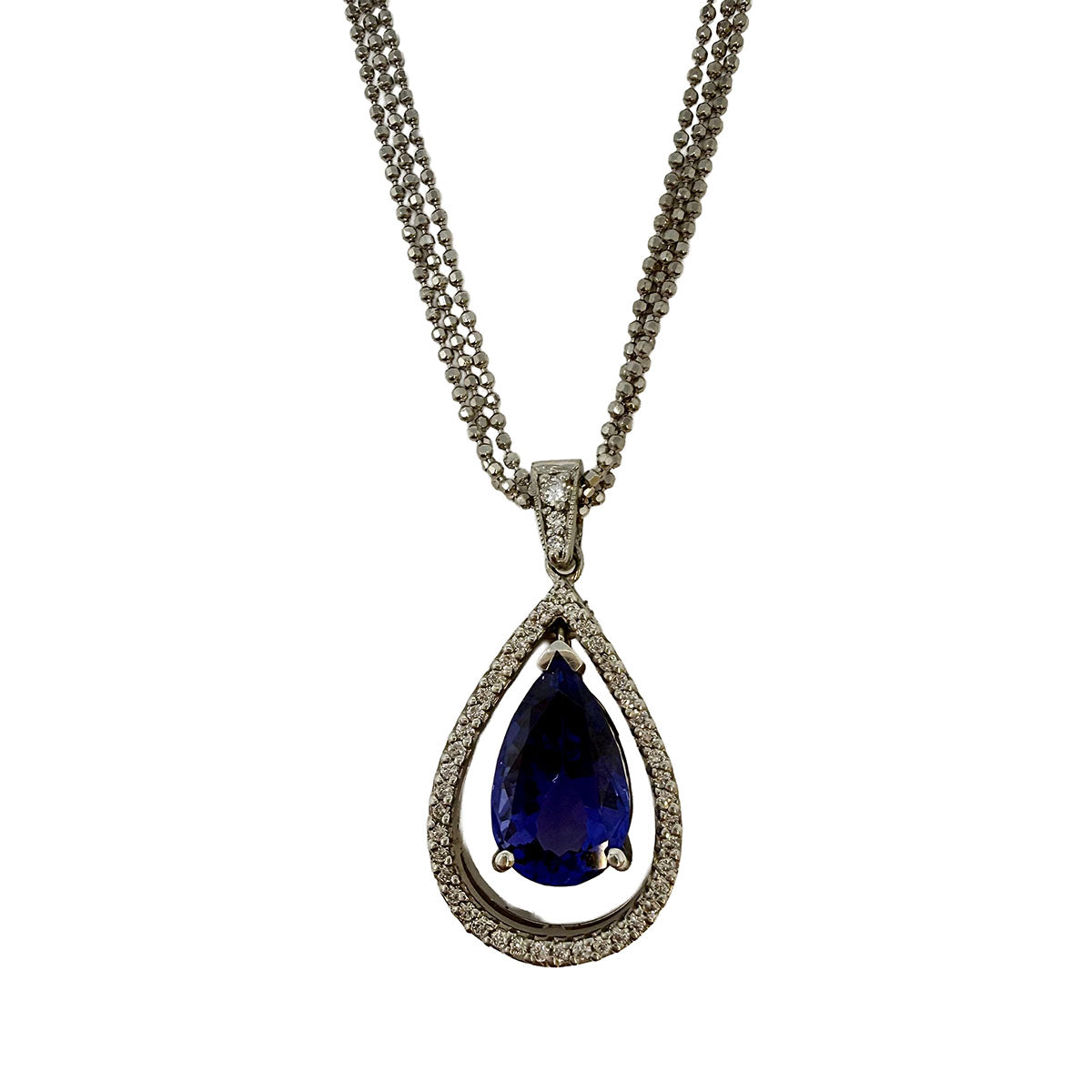 18K White Gold Double Chain Necklace with Tanzanite and Diamond Pendant