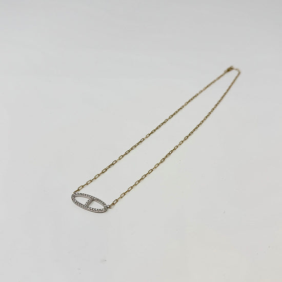 14K Gold Paper Clip Chain Necklace with Diamond Embellished Center Oval