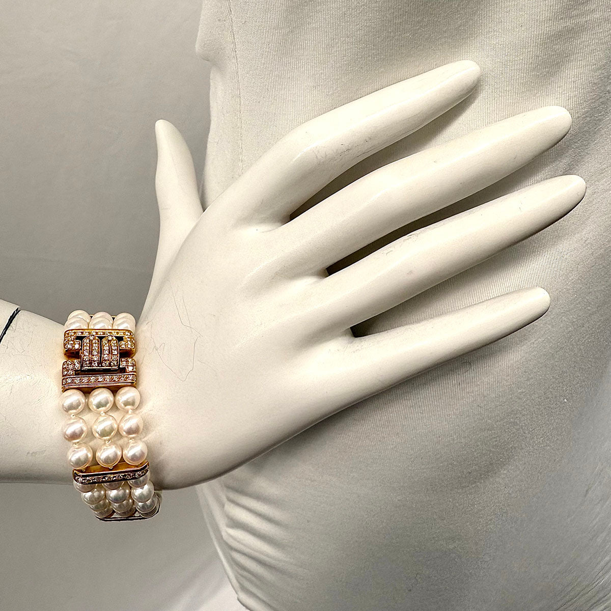 3 Strand Pearl Bracelet with 18K Gold Clasp and Diamonds