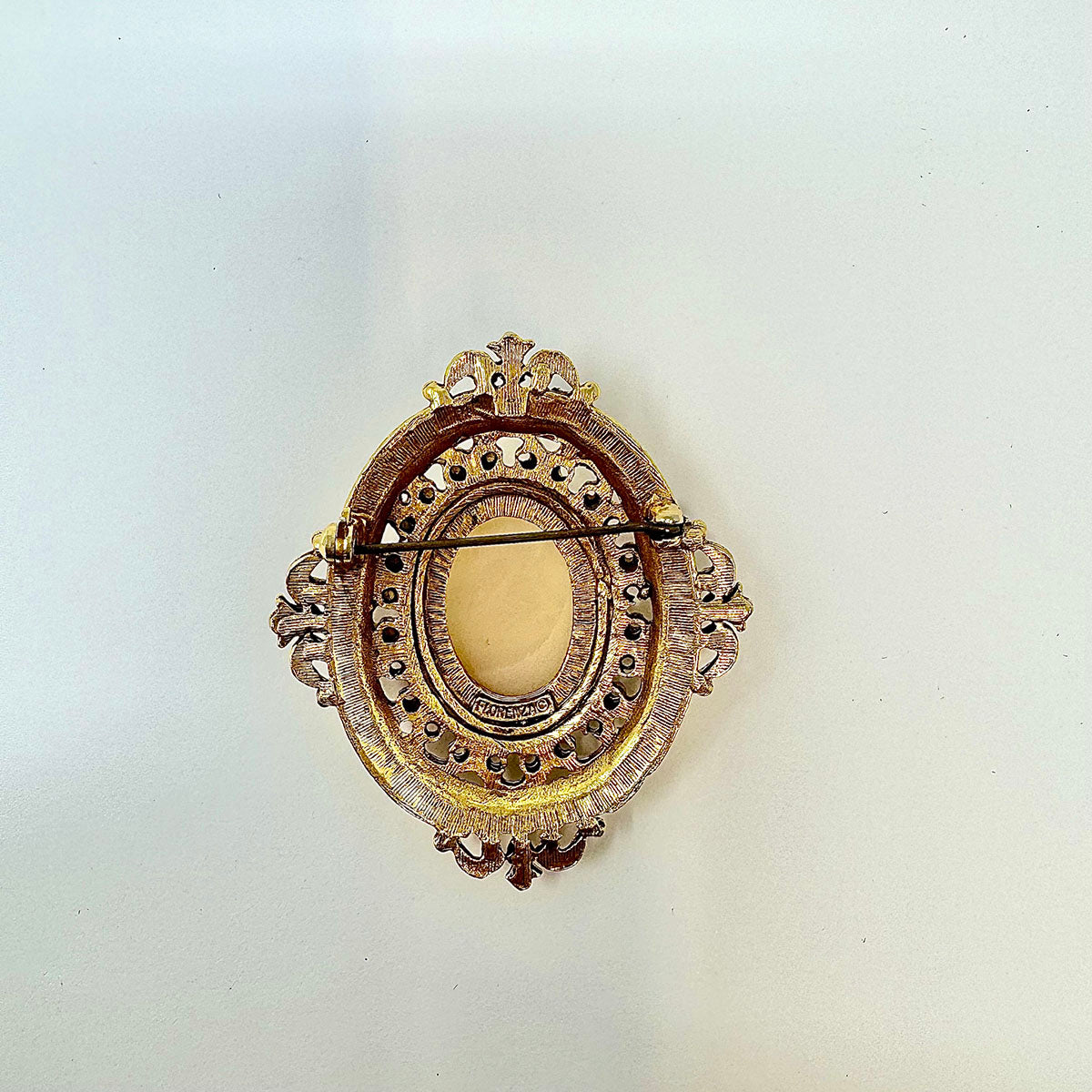 Florenza Signed Gold-tone Filigree Shell Cameo Pin