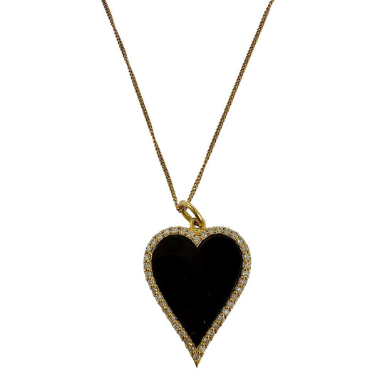 14K Gold Necklace with Black Onyx Heart Pendant with Diamond Trim