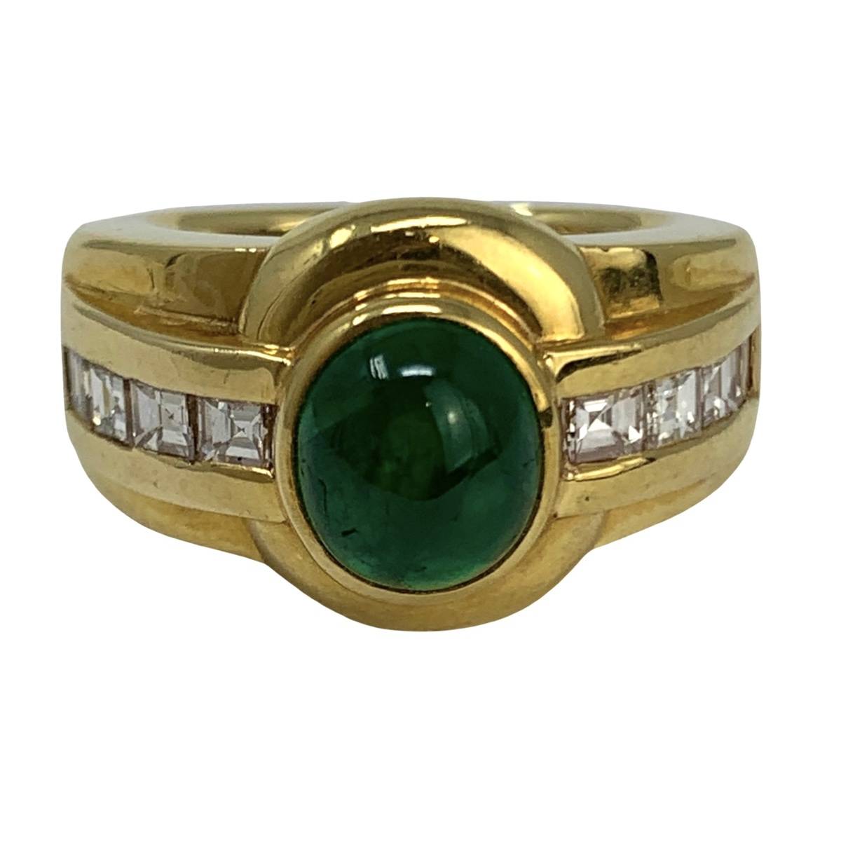18K Yellow Heavy Gold Ring with Emerald and Diamonds