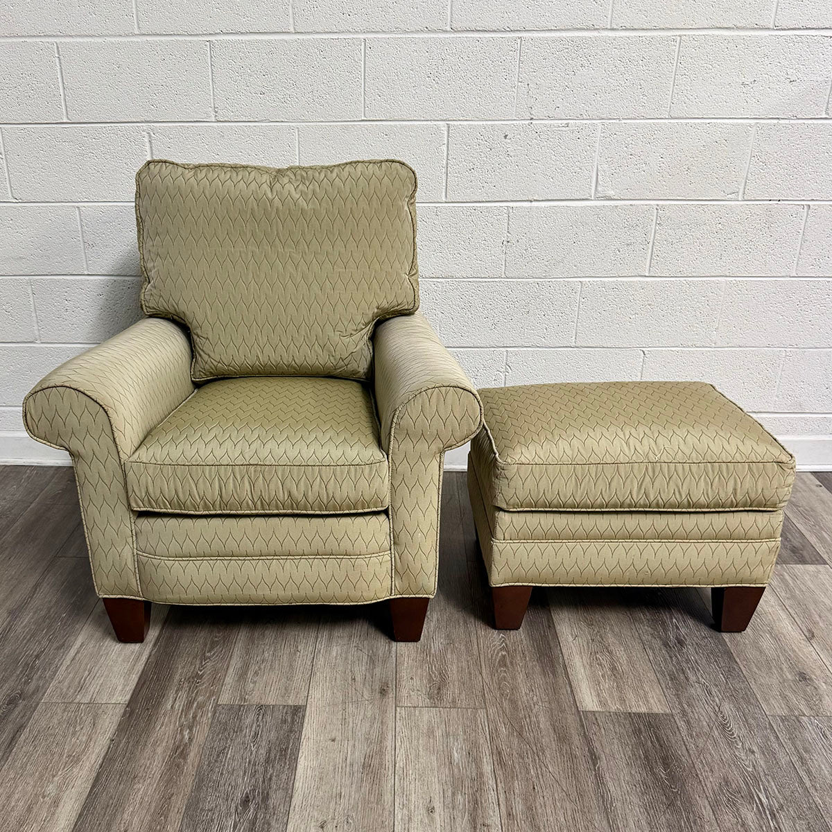 Beige Upholstered Armchair with Matching Ottoman