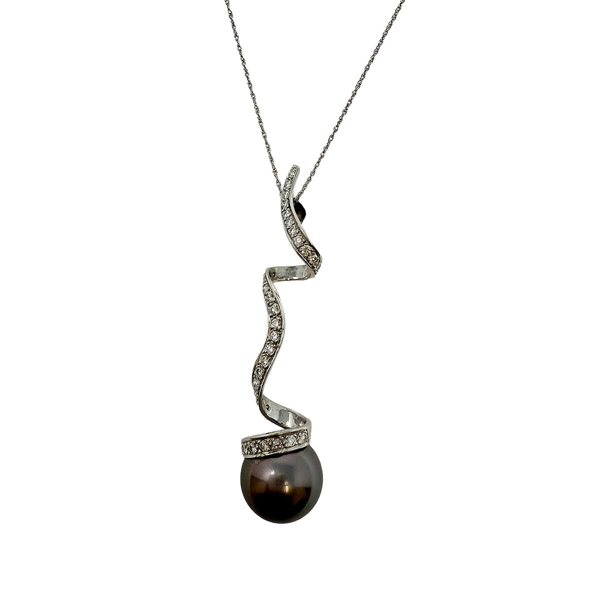 18K White Gold Necklace with Diamond Swirl Pendant with Tahitian Pearl