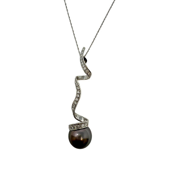 18K White Gold Necklace with Diamond Swirl Pendant with Tahitian Pearl