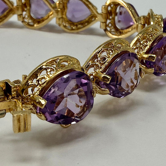 Vintage 14K Gold Heart Shaped Amethyst Link Bracelet