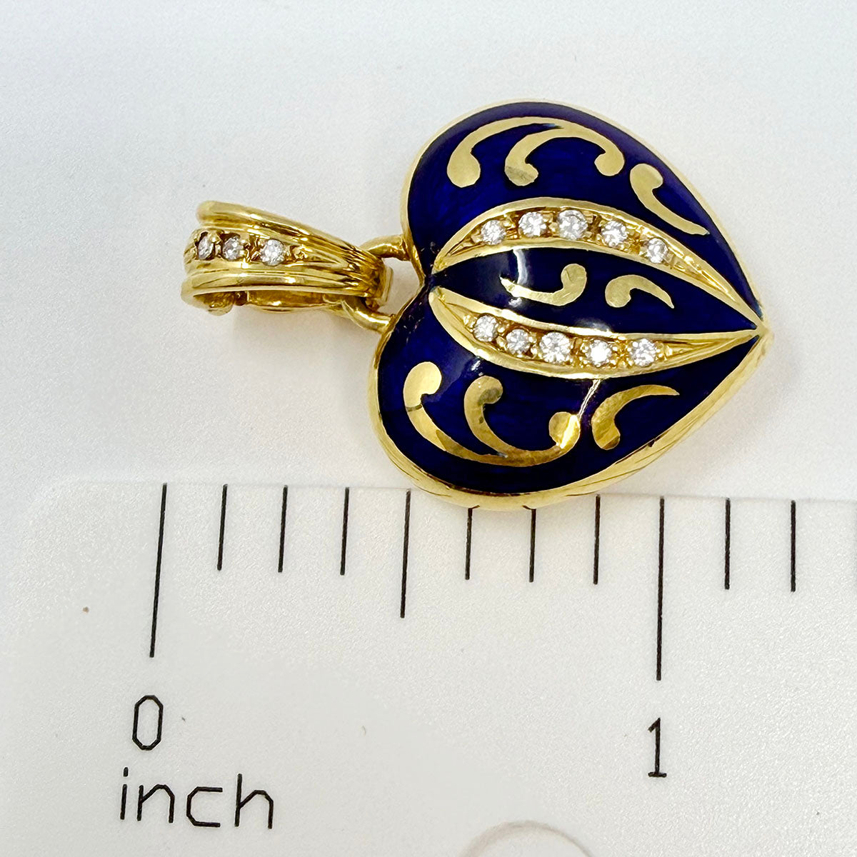 Faberge 18K Gold Heart Shaped Pendant with Blue Enamel and Diamonds