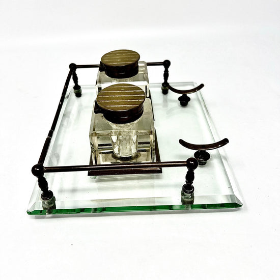 Antique Brass and Glass Double Inkwell