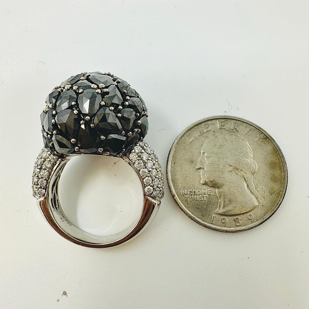 18K White Gold  Diamond Dome  Ring With Black and Clear Diamonds