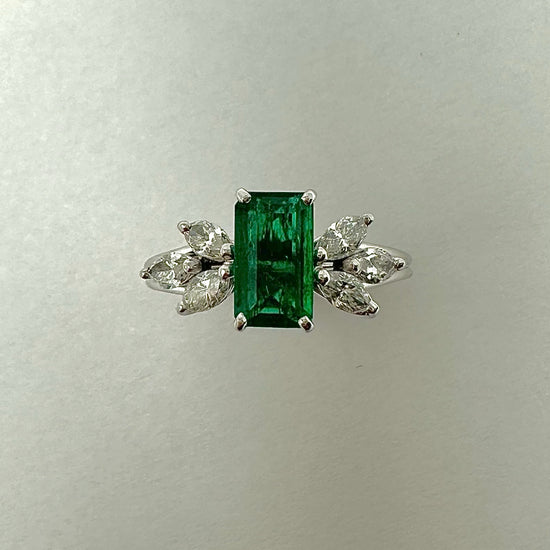 Platinum Ring with Emerald  and 6 Marquis Diamonds
