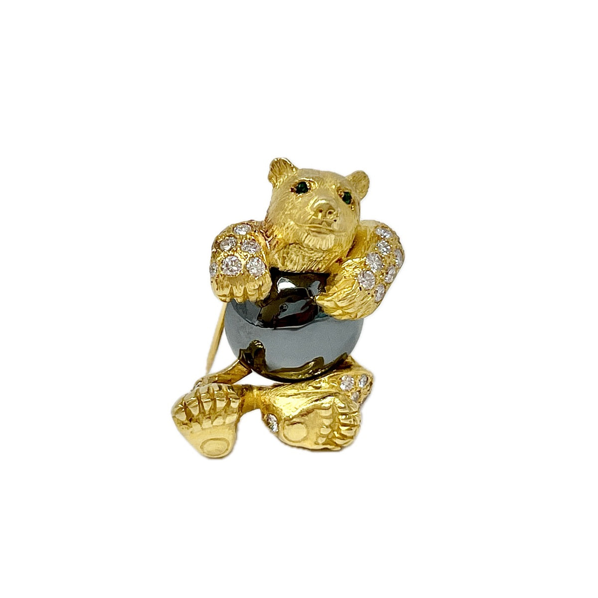 18K Gold Teddy Bear Pin with 60 Diamonds and Round Hematite