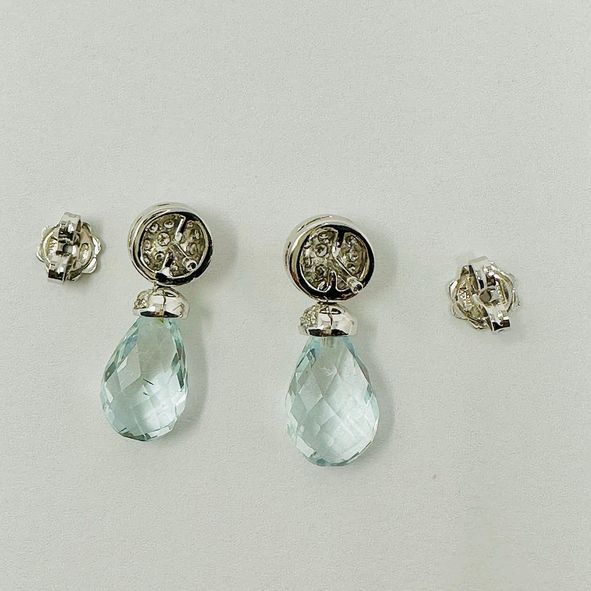 Hasbani 18K White Gold Diamond Earrings  with Blue Aquamarine Briolette