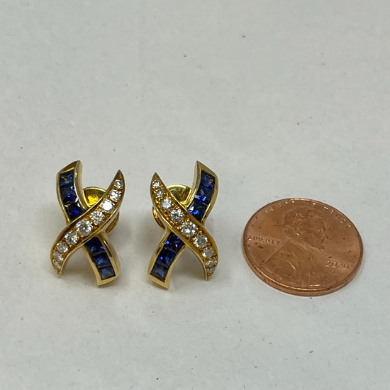 18K Gold "X" Earrings with Diamonds and Sapphires