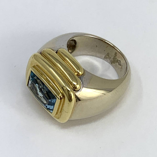 18K Yellow Gold Albert Lipton Ring with Emerald Cut Faceted Blue Topaz