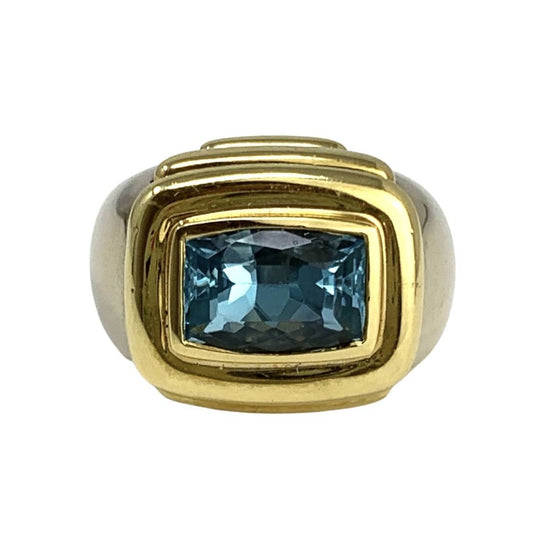 18K Yellow Gold Albert Lipton Ring with Emerald Cut Faceted Blue Topaz