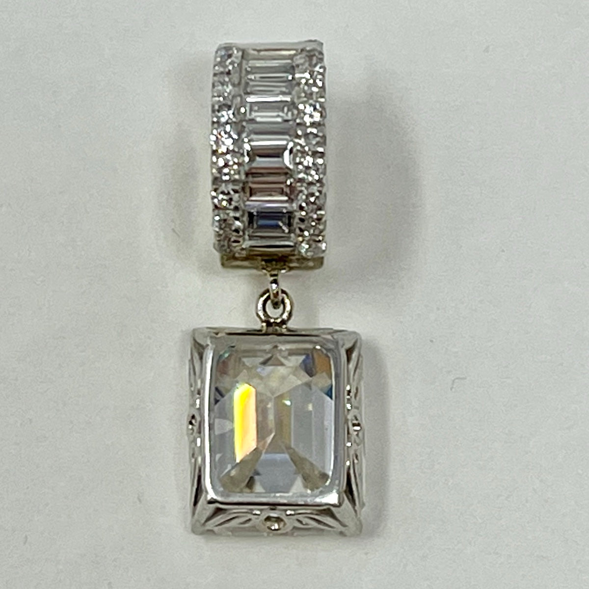 14K White Gold Baguette Diamond Pendant with  Moissanite Drop