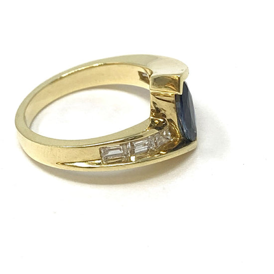 Load image into Gallery viewer, A. Jacobi 18K Gold Ring with Marquise Sapphire and 6 Baguette Diamonds
