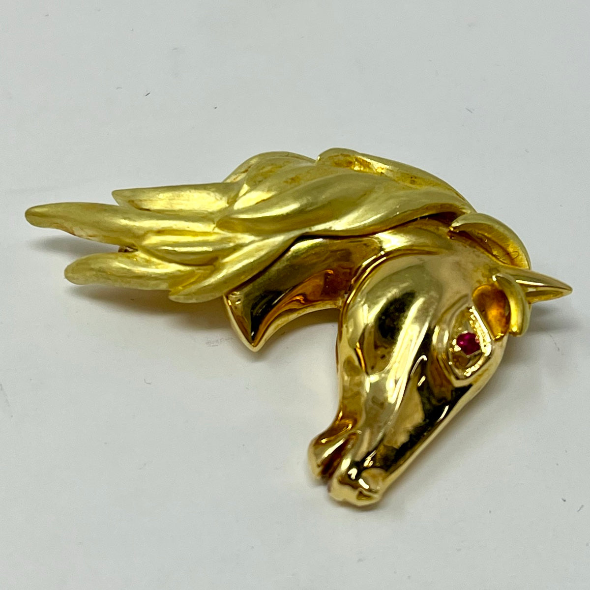 18K Gold Horse Head Pin with Ruby Eyes