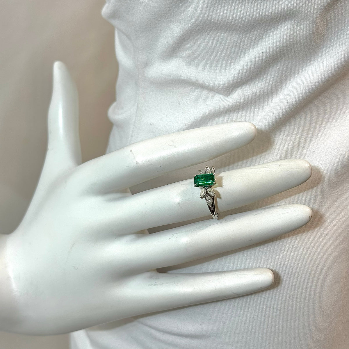 Platinum Ring with Emerald  and 6 Marquis Diamonds