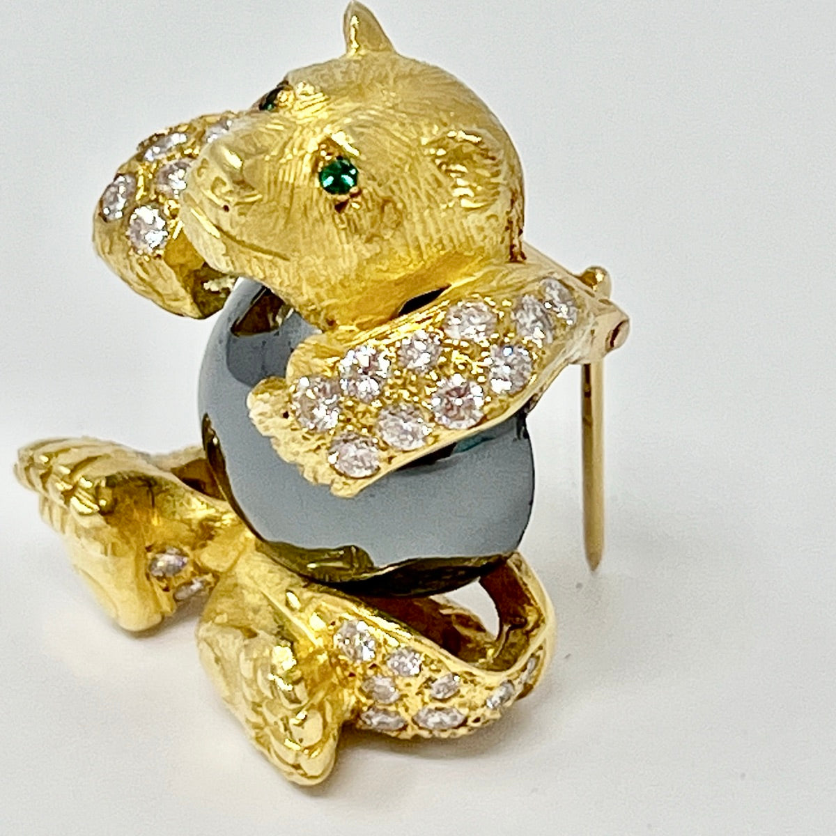 18K Gold Teddy Bear Pin with 60 Diamonds and Round Hematite