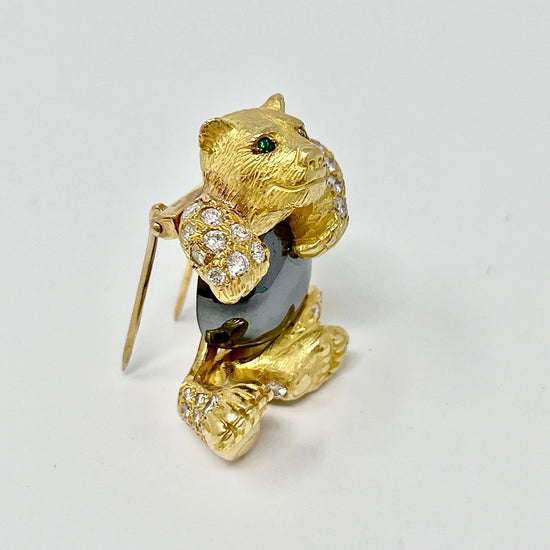 18K Gold Teddy Bear Pin with 60 Diamonds and Round Hematite