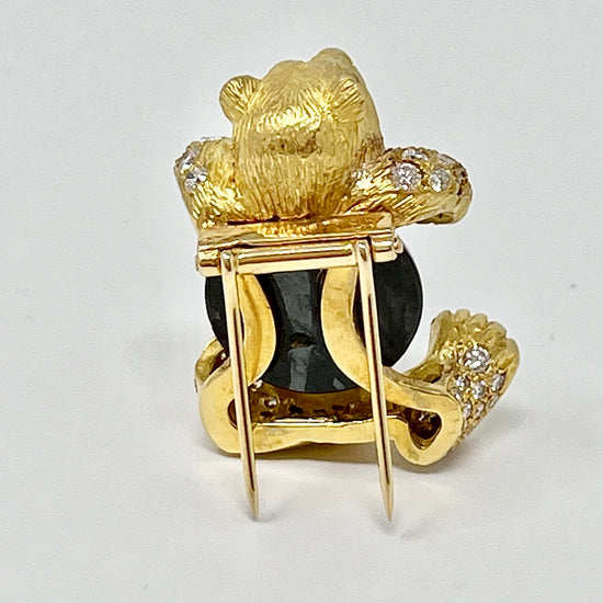 18K Gold Teddy Bear Pin with 60 Diamonds and Round Hematite