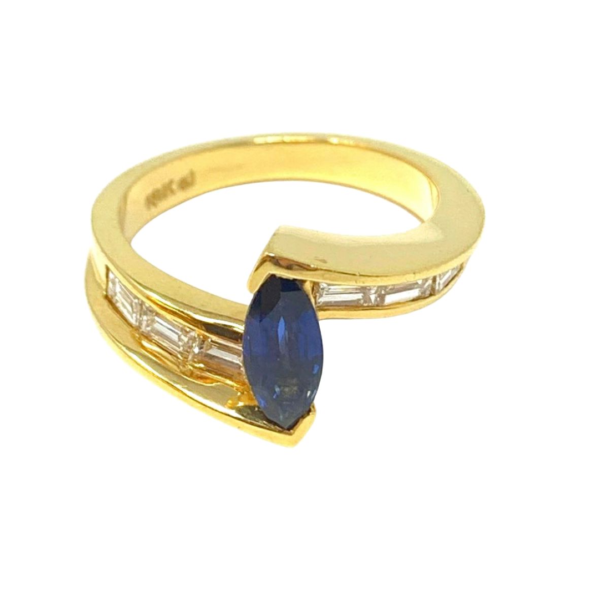 Load image into Gallery viewer, A. Jacobi 18K Gold Ring with Marquise Sapphire and 6 Baguette Diamonds
