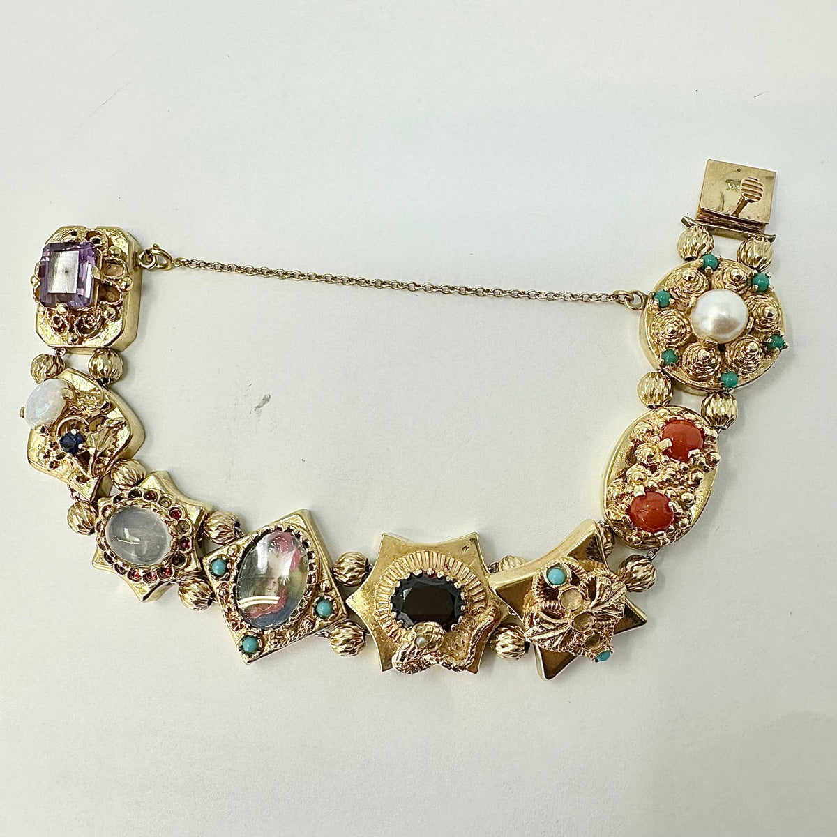 Vintage 14K Gold Slide Bracelet with Semiprecious Stones and Pearls